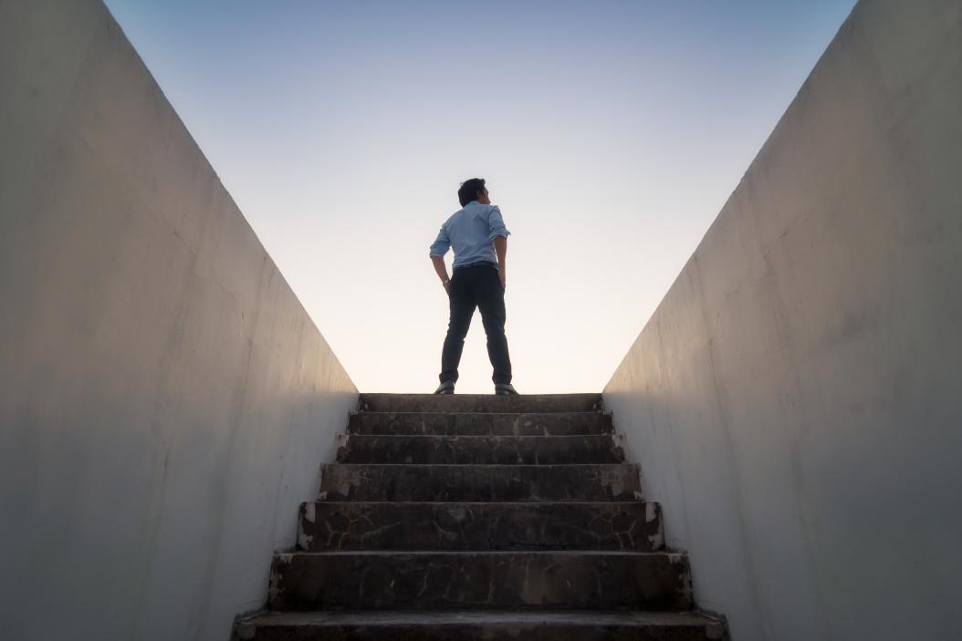 Ein Blick in die Zukunft der grünen Branche: Ein Mann steht am Ende einer Treppe und blickt in den Himmel
