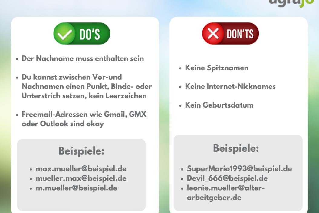 Tabelle mit guten und schlechten Beispielen einer seriösen EMail Adresse