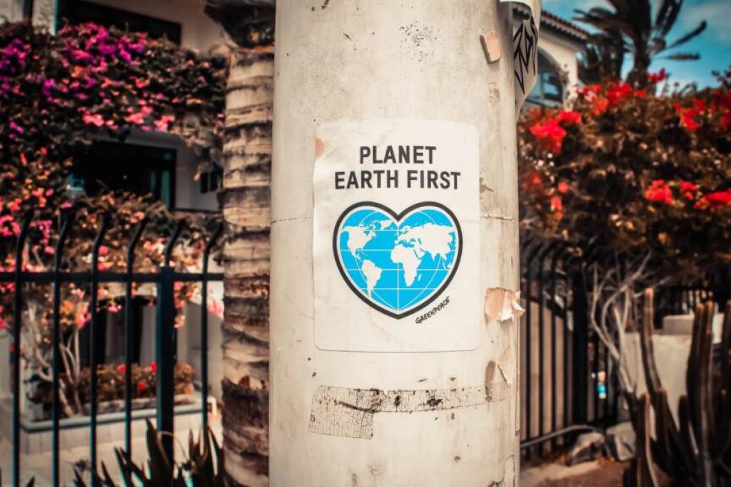 Eine große Saeule mit einem Plakat auf dem steht Planet Earth First