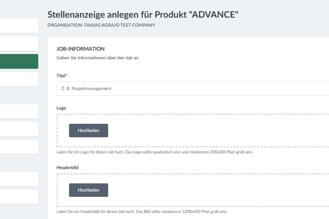 Stellenanzeige anlegen: 1. Stellentitel, 2. Logo und Headerbild