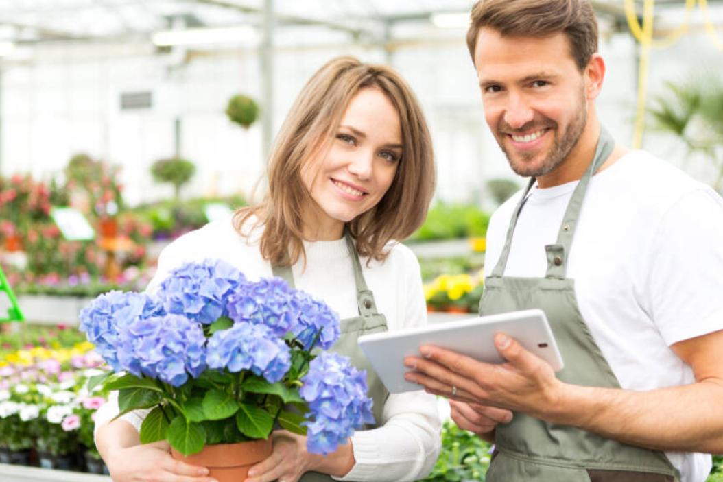 Floristin und Florist im Gartencenter oder Baumarkt bei der Arbeit