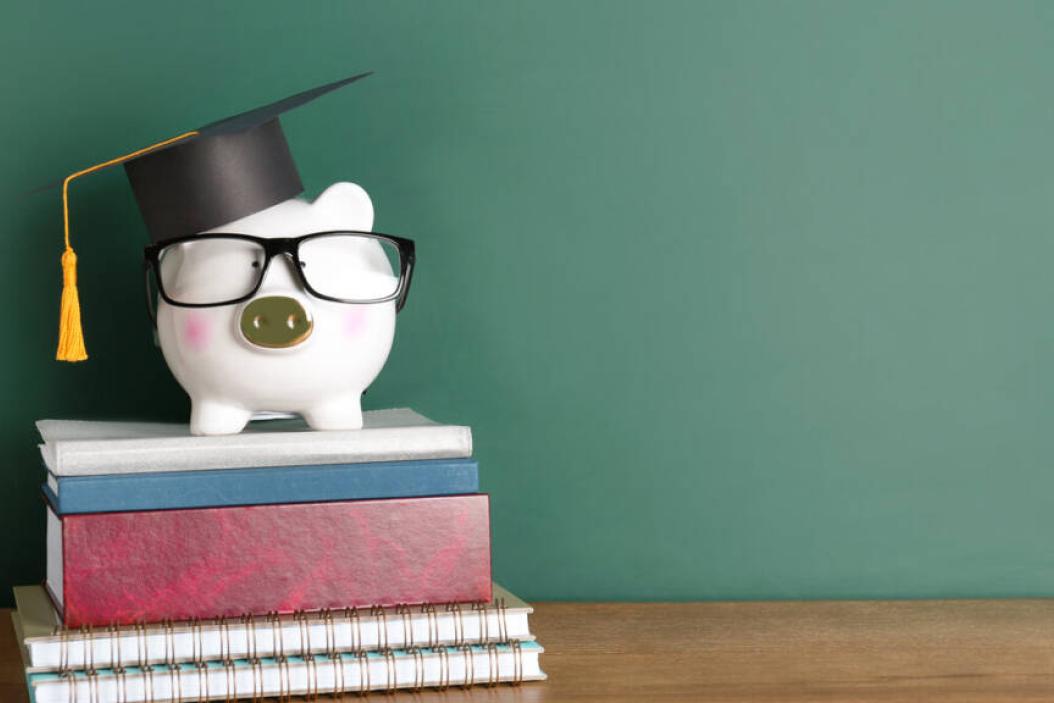 Sparschwein mit Doktorhut und Brille auf Büchern