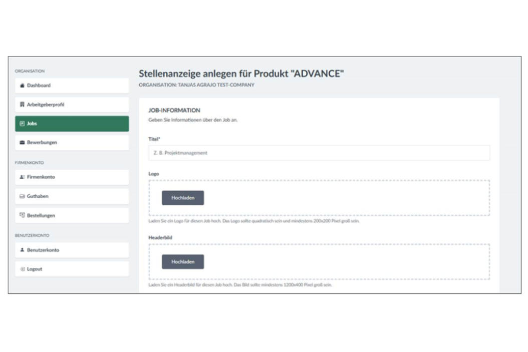 Stellenanzeige anlegen: 1. Stellentitel, 2. Logo und Headerbild