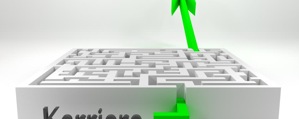 Ein grüner Pfeil, der "Karriere" repräsentiert, durchläuft ein Labyrinth bevor er am Ende ist