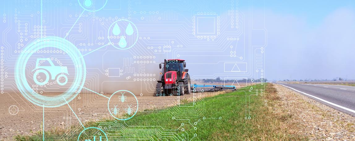 Das Konzept der Nutzung moderner Technologien und künstlicher Intelligenz in der Landwirtschaft bei der Bodenbearbeitung mittels Traktor vor der Aussaat von Kulturpflanzen.