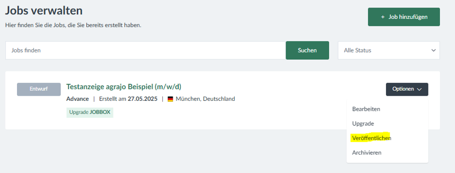 Jobs verwalten: Veröffentlichen