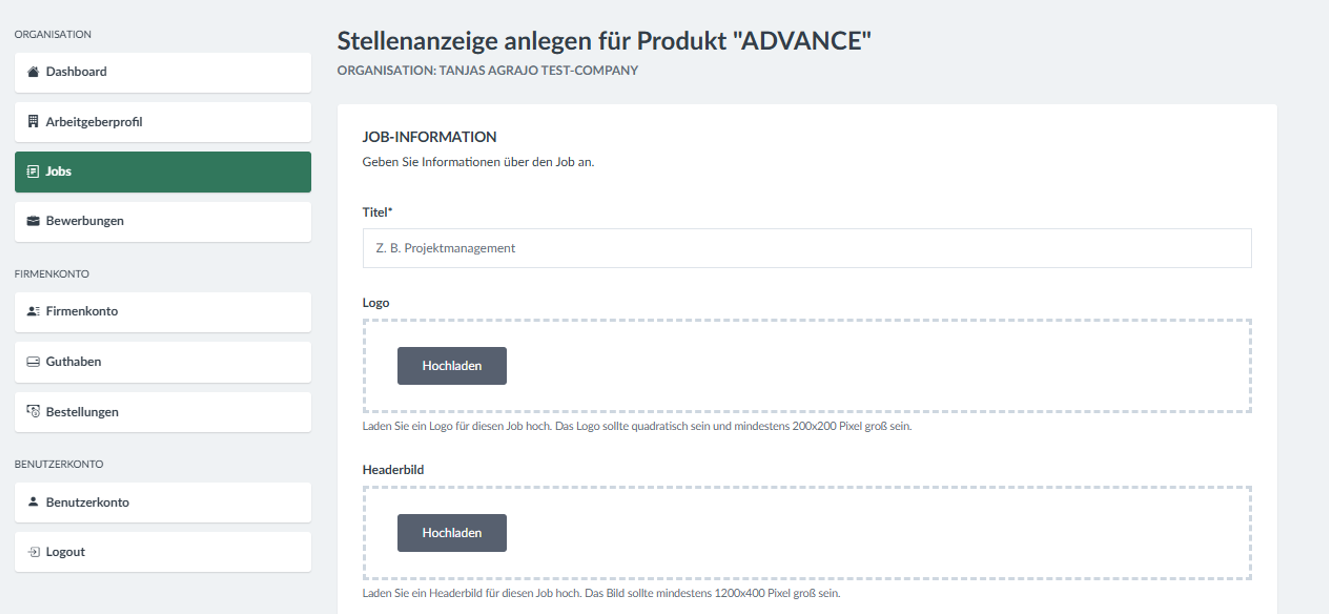 Stellenanzeige anlegen: 1. Stellentitel, 2. Logo und Headerbild