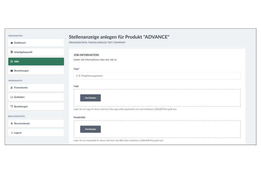 Stellenanzeige anlegen: 1. Stellentitel, 2. Logo und Headerbild
